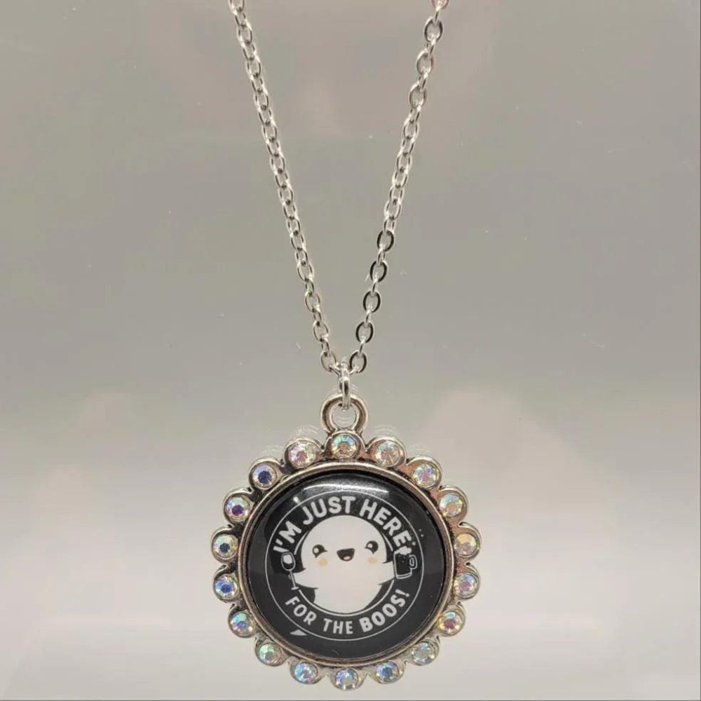 Here For The Boos Bling Necklace Stainless Steel Ghost Pendant Halloween Goth